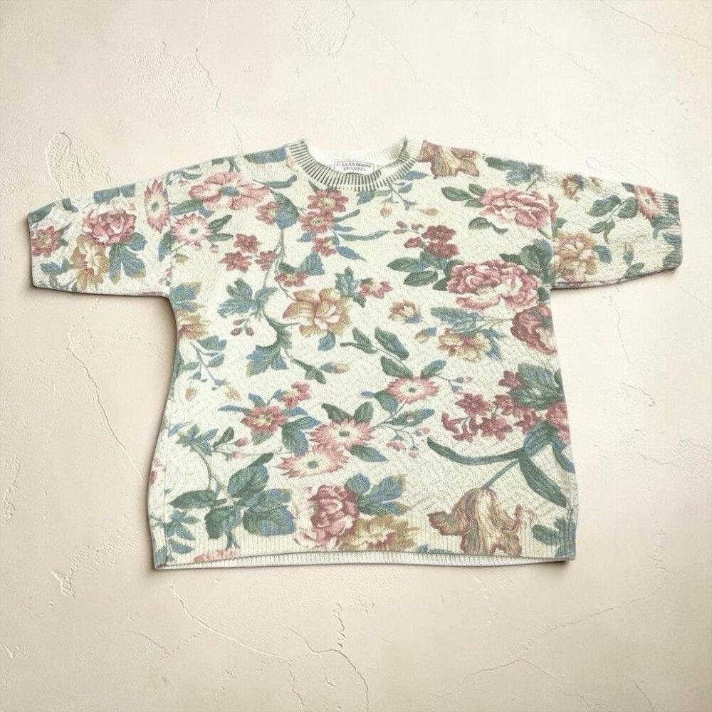Vintage US Sweater Floral Womens Medium Pullover 90’s Short Sleeve Cotton Blend